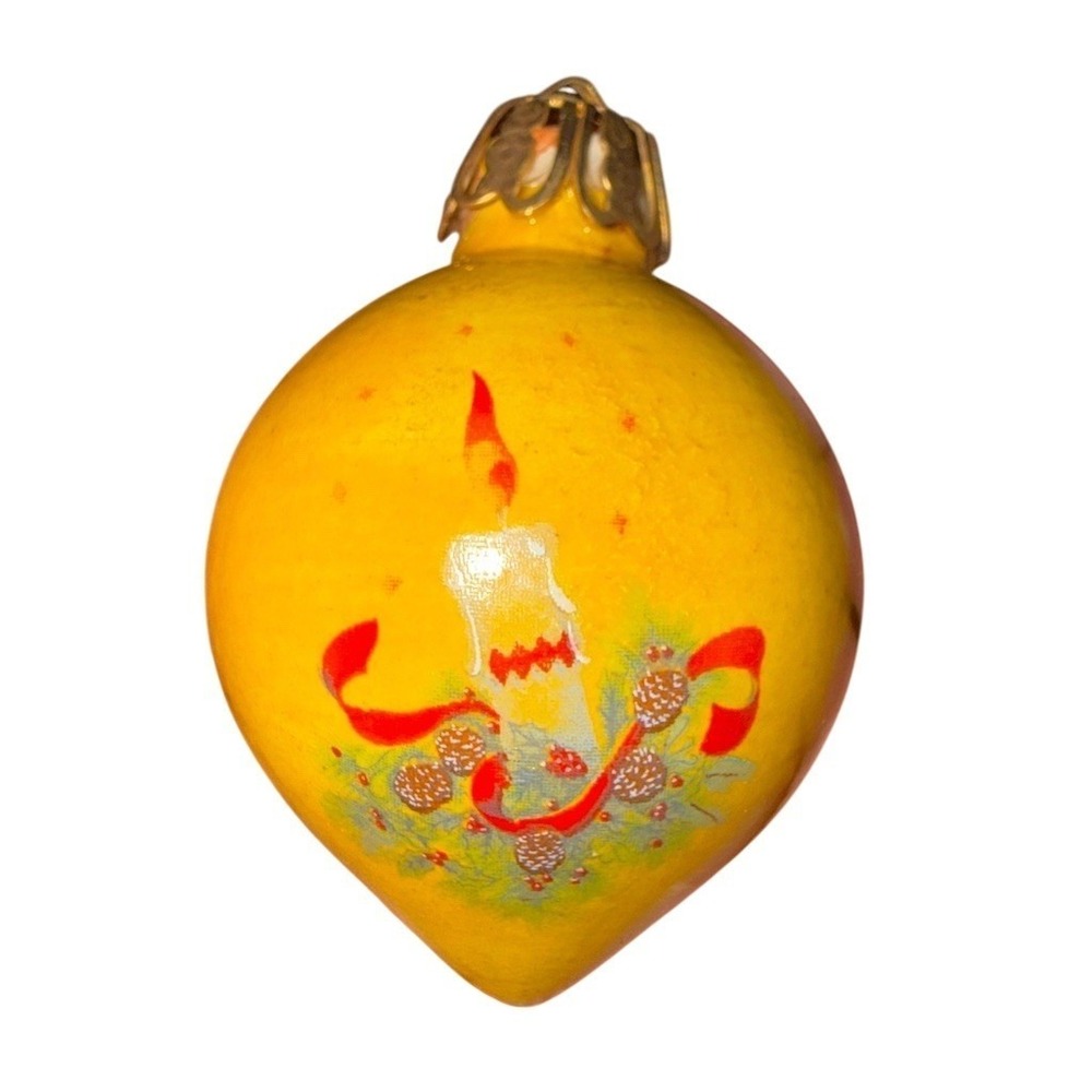 Vintage Christmas Ornament Teardrop Yellow Hand-Painted Candle Pinecones